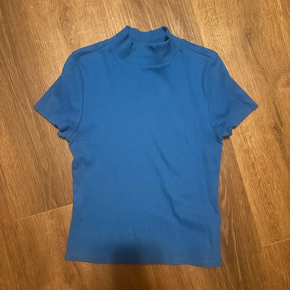 Maeve Anthropologie Ribbed Mock Neck Tee in Cobalt Blue (S)